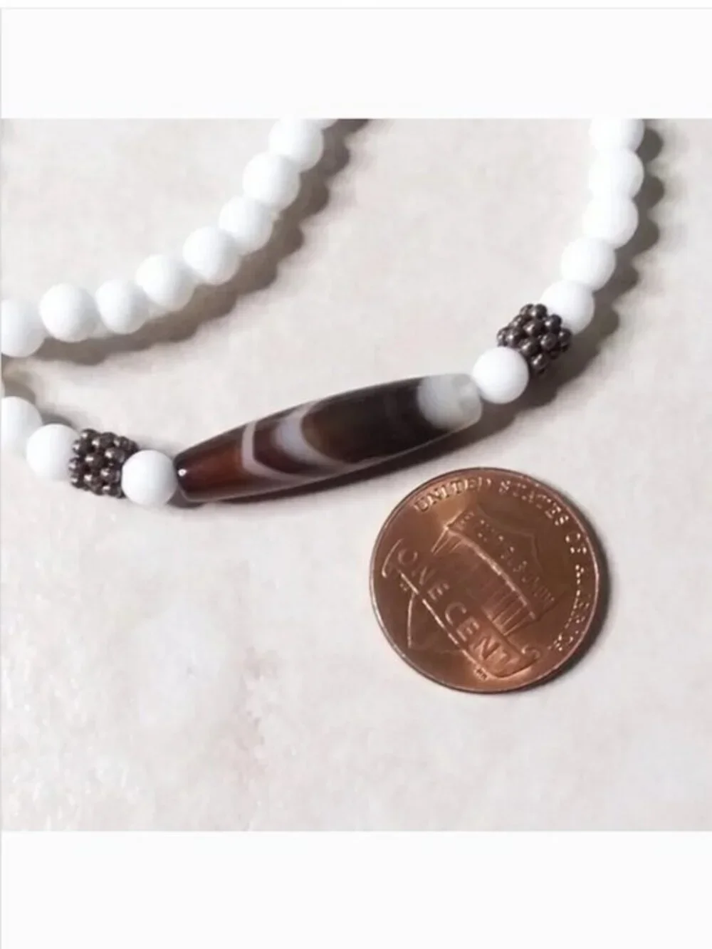 Dainty Slimline Wrap Bracelet – Brown Banded Agate & White Ceramic Beads (7